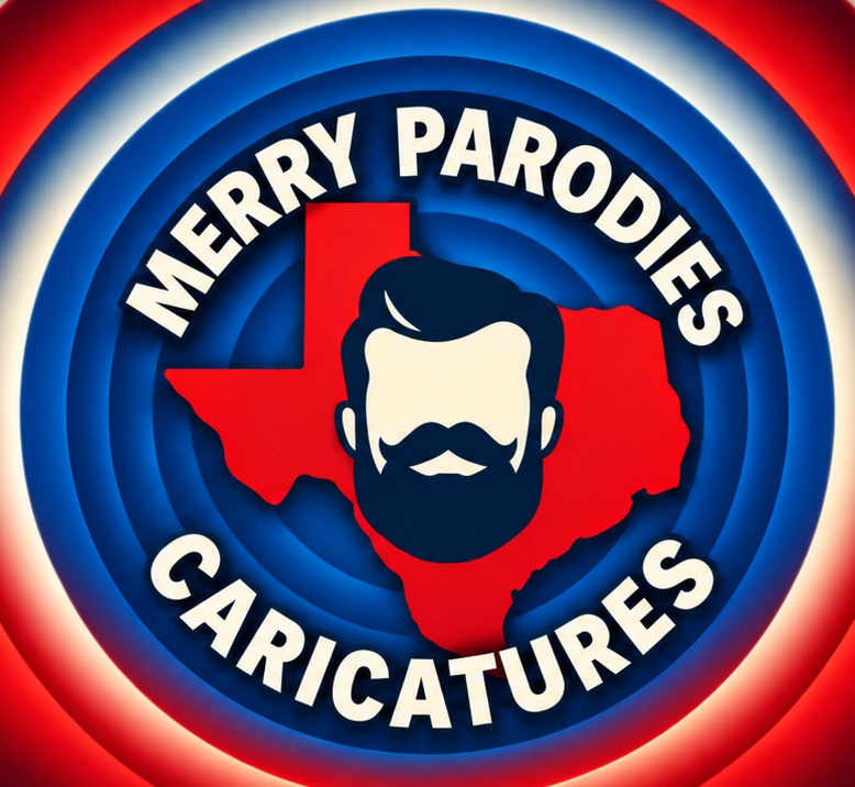 Merry Parodies Texas pompadour and beard logo in the patriotic tunnel rings