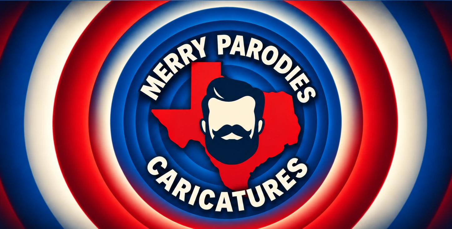 Merry Parodies Caricatures: Texas silhouette and bearded pompadour artist emblem perfectly centered in red white and blue tunnel rings